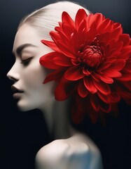 Portrait of pretty young woman with dark red chrysanthemum flowers.