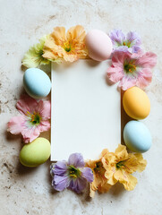 white greeting card with spring flowers and easter eggs, generative ai