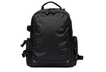 Black tactical backpack featuring blue LED trim for techwear style