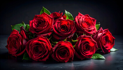 A Lush Bouquet of Deep Red Roses on a Dark Moody Background.