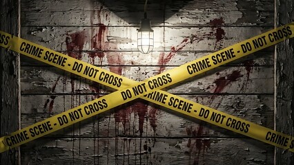 A disturbing crime scene marked with caution tape and blood splatters on a wall