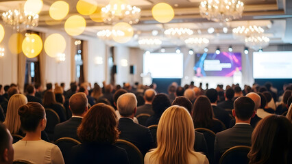 Audience Attending a Business Conference with Stage Presentation.