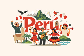 Obraz premium Flat minimal illustration of people celebrating in Peru