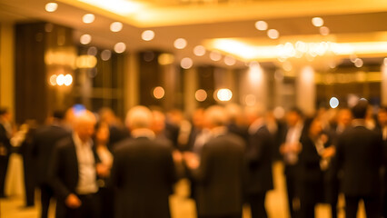 Blurred image of a business networking event with people mingling.