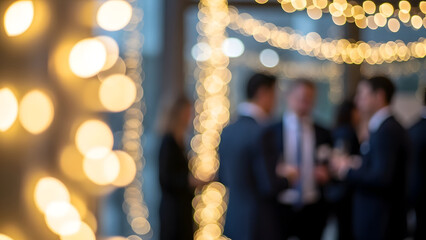 Blurred image of people in suits at a formal event with bokeh lights.