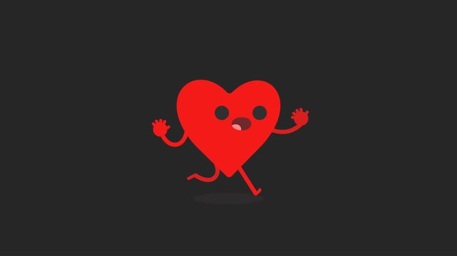 Red heart character running with animated arms and facial expressions. Seamless loop 2D cartoon animation isolated on transparent background. For Valentine&rsquo;s Day, UI, motion graphics and overlays