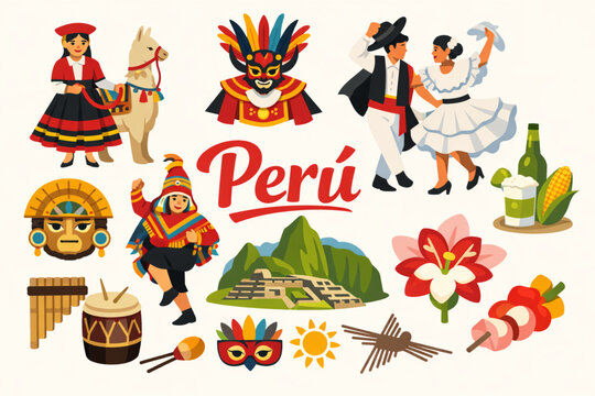 Flat vector illustration of Peruvian cultural icons with clear composition and modern style