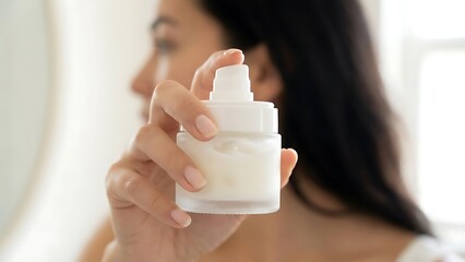 Woman holding a white skincare spray bottle in her hand close up