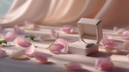 Elegant engagement ring in an open box surrounded by pink rose petals, perfect for a romantic proposal or wedding theme.