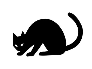 Spooky black cat silhouette with arched back and white glowing eyes crouching in defensive posture isolated on white, classic Halloween symbol of bad luck and superstition