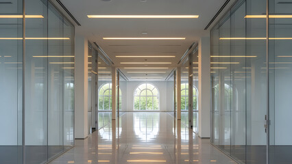 Modern Office Corridor with Glass Walls and Natural Light.