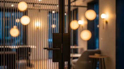 Modern Office Entrance with Warm Orb Lighting and Glass Door.