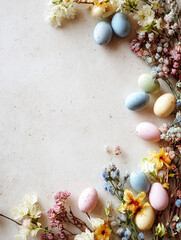 white greeting card with spring flowers and easter eggs, generative ai