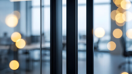 Modern Office Interior with Blurred Lights and Glass Partition.