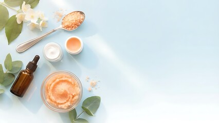 Natural skincare products with floral accents on a light blue background