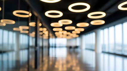 Modern Office Interior with Circular Pendant Lights and Large Windows.