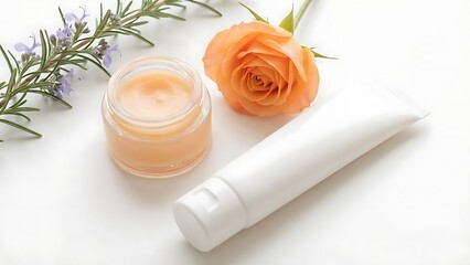 Rose cosmetic jar and tube on white surface a beauty and skincare composition