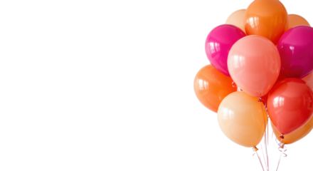 Vibrant helium-filled latex balloons, fuchsia, coral, peach, golden orange, with white strings, clustered on transparent studio background with copy space, joyful celebration atmosphere