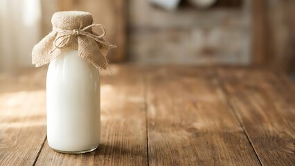 A glass bottle of milk with a burlap tied top on wood