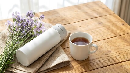 A cozy still life featuring a white mug thermos and lavender on wood
