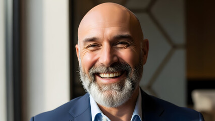 Smiling Bald Man with Beard Wearing a Suit Jacket.