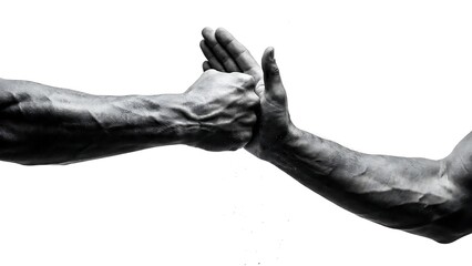 A monochrome image depicting two arms reaching for a high five