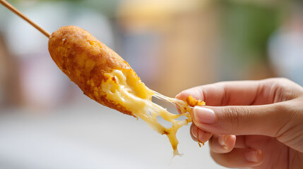 Delicious fried snack on a stick held in hand with cheese stretching in the air during a gathering in a food market