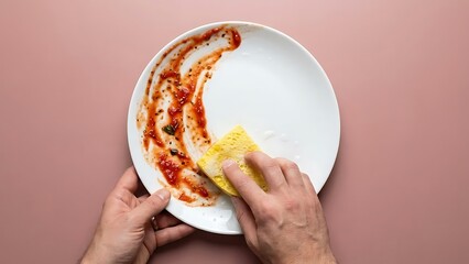 Hands cleaning a white plate with red sauce residue using a yellow sponge