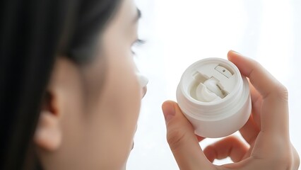 Woman examining a white cosmetic jar likely containing skincare cream