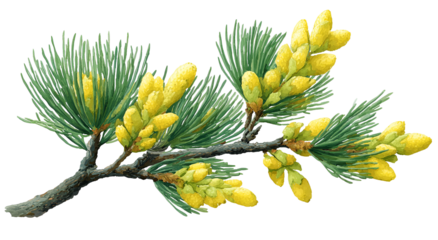 Green pine branch with yellow budding flowers, isolated on a black background