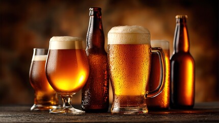 Close Up Still Life of Craft Beer in Glassware and Bottles