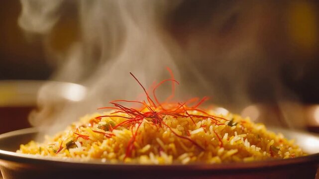 Steaming biryani close-up with rising aromatic vapors forming hypnotic patterns and saffron strands shimmering, 4K loop.