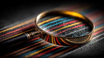 Detailed Golden Magnifying Glass Over Multi Colored Lines Background Still Life
