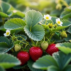 Close up of vibrant red strawberries with green leaves and white blossoms