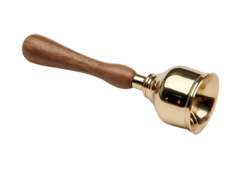 A shiny gold bell with a wooden handle, isolated on a solid black background