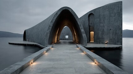 Minimalist Concrete Architectural Structure Building Exterior by Lake or Sea Scenery