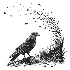 Fototapeta premium Black Raven Bird Engraving Illustration in Monochrome Style
