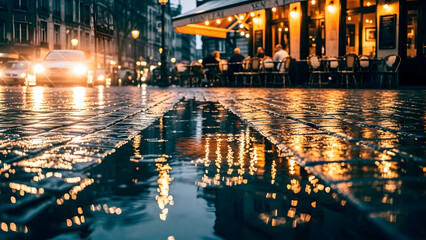 Rainy City Street with Cafe Lights and Reflections