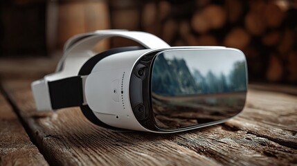 Close up Contemporary Virtual Reality Headset Device on Rustic Wood Surface