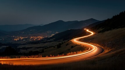 Scenic Long Exposure Car Light Trails on Mountain Road at Night
