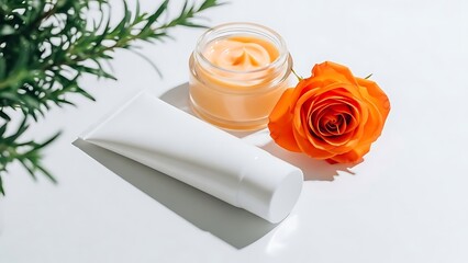 Skincare products and a rose a composition of beauty and wellness