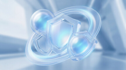 Translucent shield and sphere shapes float in futuristic blue environment, symbolizing digital security, protection, and advanced technology with modern, clean, and abstract style