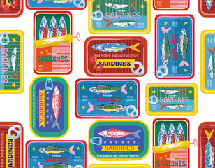 Trendy Sardines in cans. eamless pattern, Hand Drawn Mediterranean food Canned sea fish, snack in tin packages.