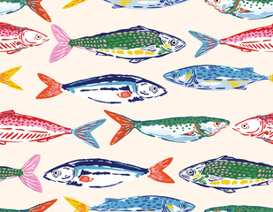 Colorful Seamless pattern. Hand drawn Seafood Mediterranean Sardines , Doodles mackerel, anchovy and seashells Vector Illustration