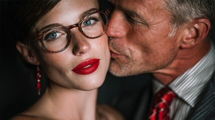 Intimate Portrait of Older Man Affectionately Kissing a Young Woman's Cheek