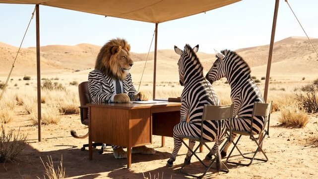 A lion in a zebra suit plays travel agent in the desert, poring over a safari brochure while consulting with two seated zebras on vacation plans
