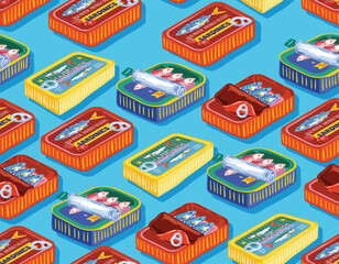 Trendy Sardines in cans. eamless pattern, Hand Drawn Mediterranean food Canned sea fish, snack in tin packages.