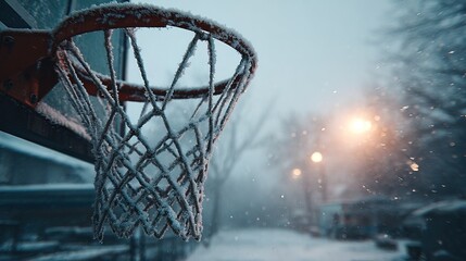 Cold Winter Basketball Hoop with Net Covered in Frost Outdoors