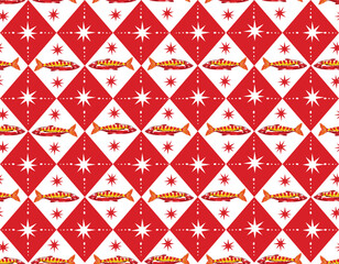 Trendy Seamless pattern. Hand drawn Seafood Mediterranean Sardines  , Doodles mackerel,