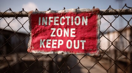 Pandemic warning infection disaster. Warning sign on a fence indicating a hazardous infection zone.